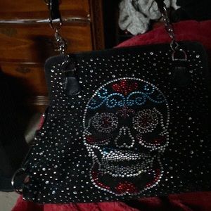 Gorgeous Halloween/goth handbag front multiple colored crystals design of skull